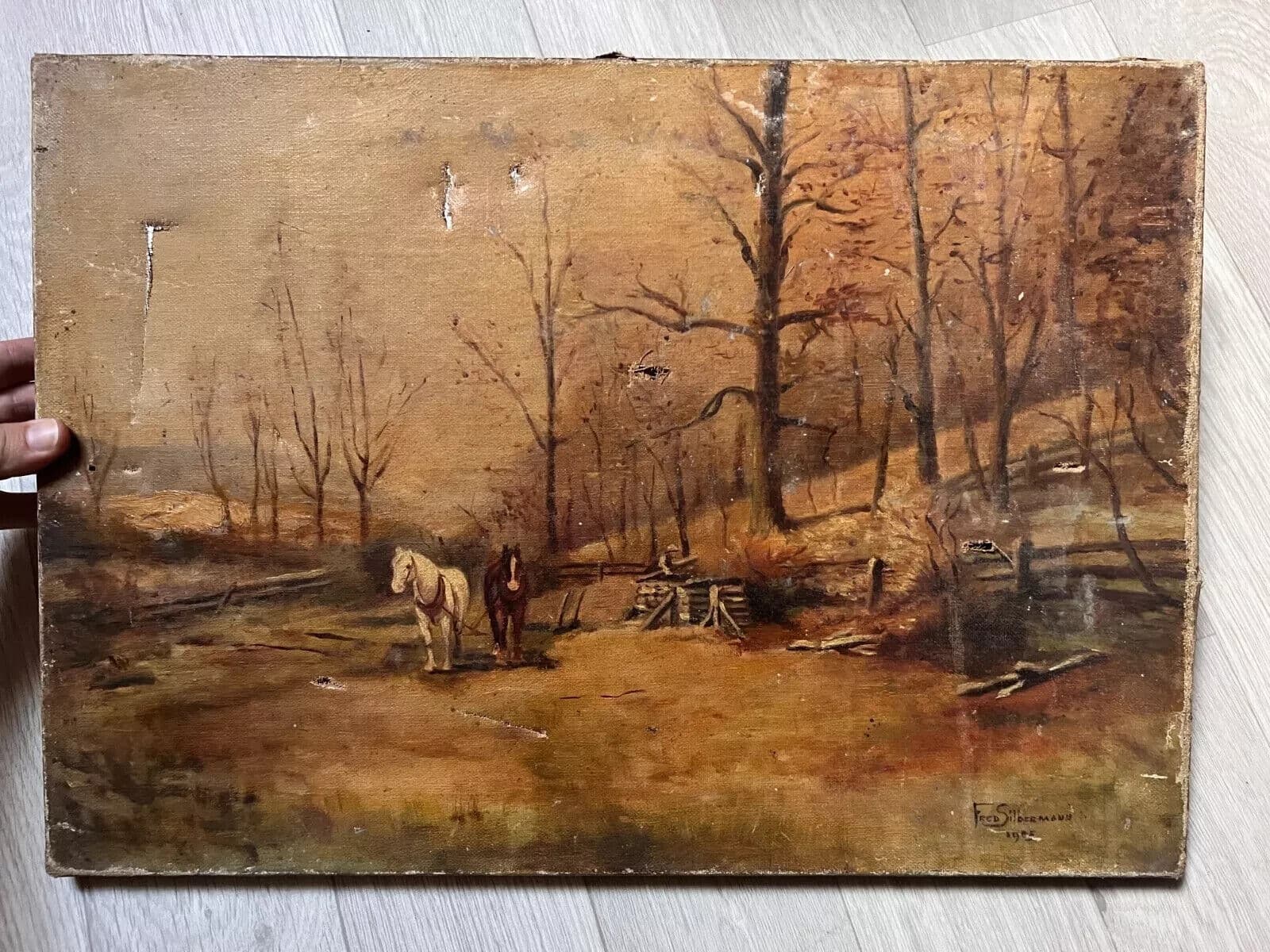Antique Painting Oil on canvas 19th century Forest Landscape with Horse image 5