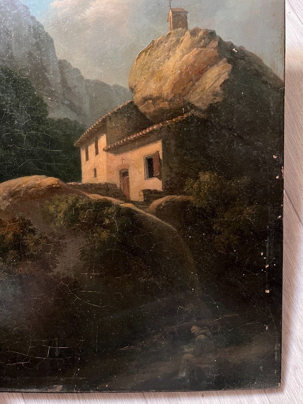 Antique Painting Original Landscape, House, Mountain, Religious, Meteora, Greece image 6