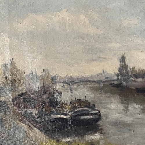 Antique Painting Original Landscape, Cityview, Boats, Bridge, River, Trees image 3