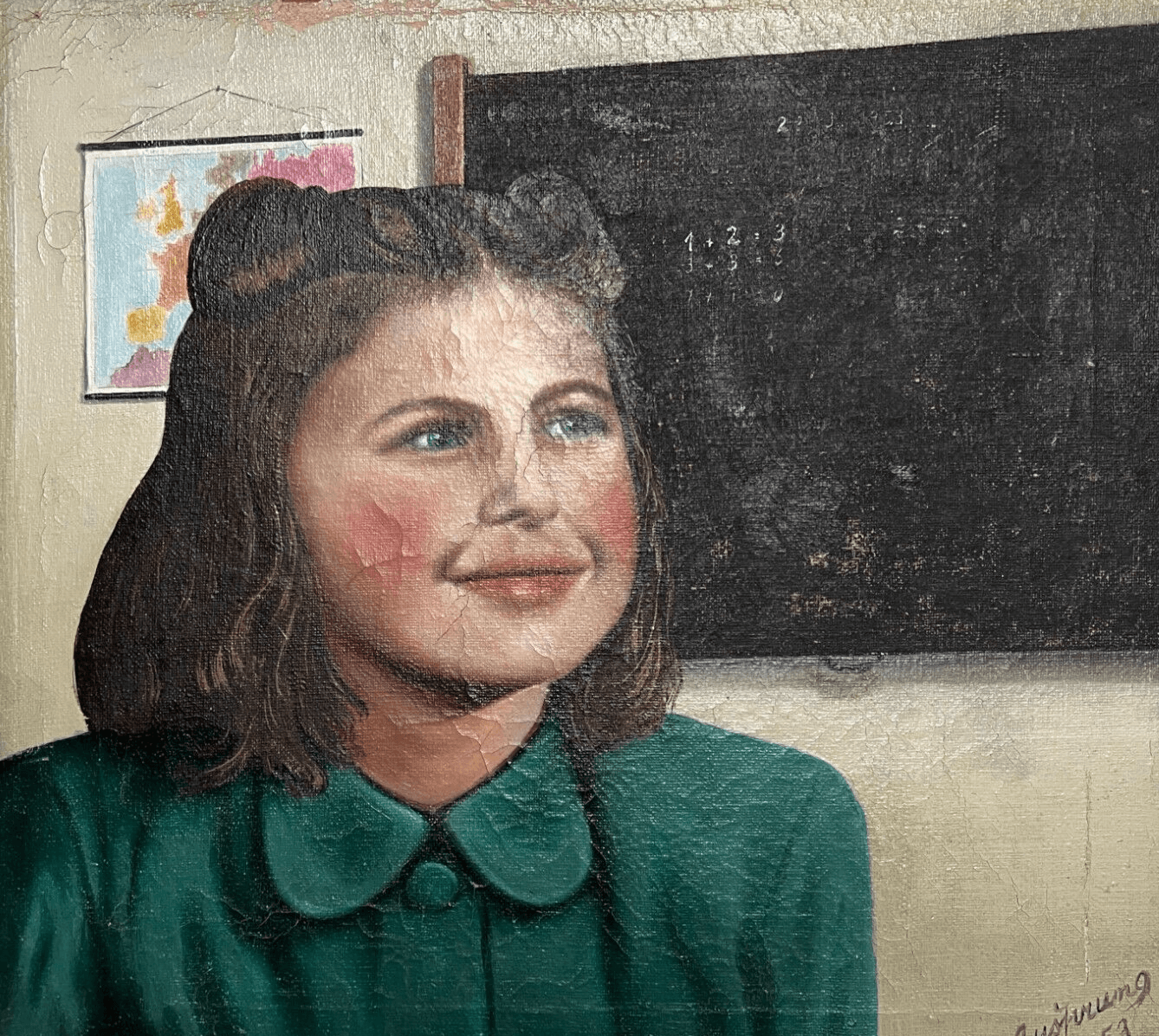 Antique Oil Painting canvas signed Young Girl Portrait, Classroom, Map image 1