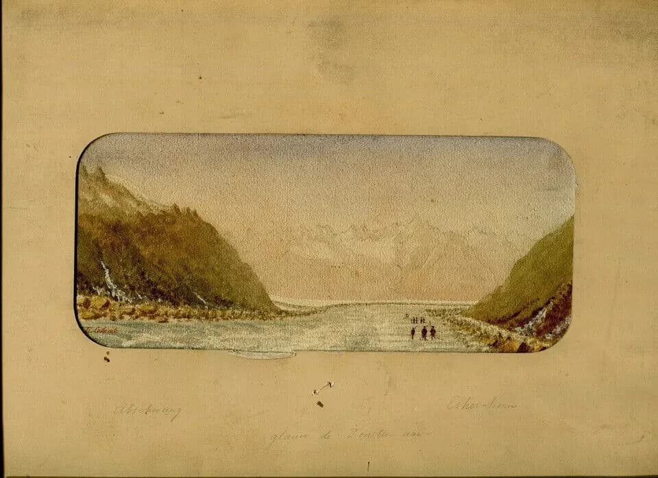 Antique Drawing Landscape 19 century Finsteraar Glacier Mountain Original signed image 3