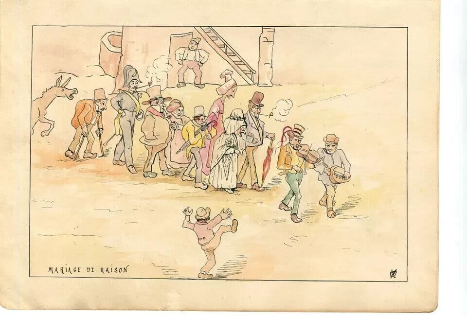 Vintage Drawing Original Marriage Reason, People, Wedding signed image 6