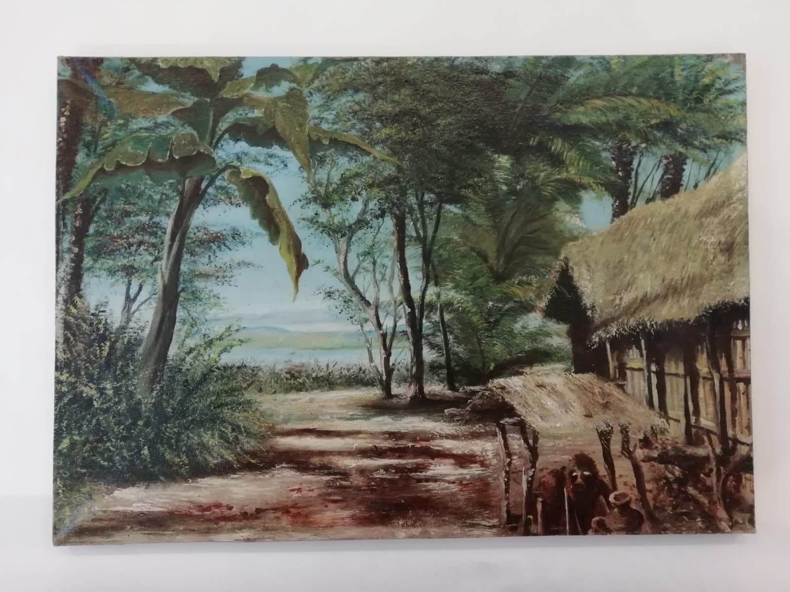 Antique Original African Landscape Palm Trees, Sea and House image 4