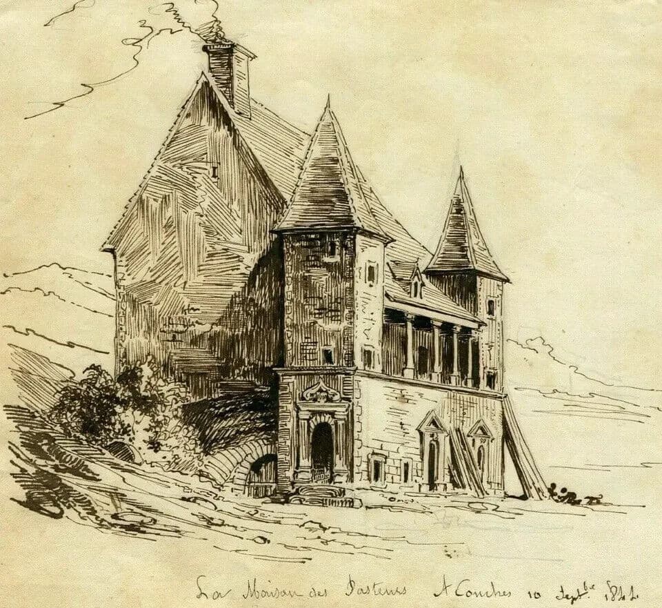 Antique Ink Drawing 19th century Conches Landscape 1841 image 5