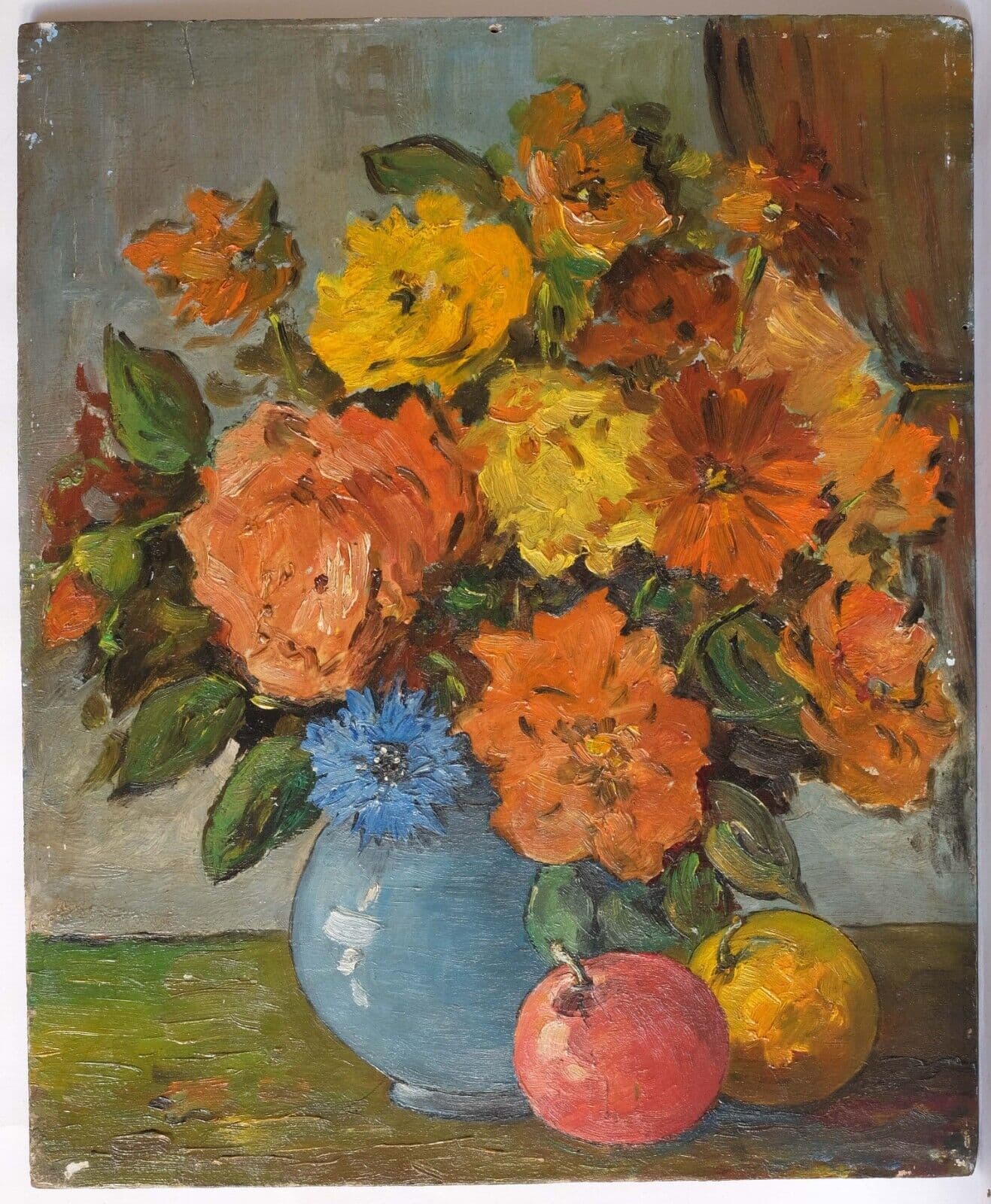 Antique Oil Painting Still Life Orange Yellow Bouquet, Flowers, Floral image 5