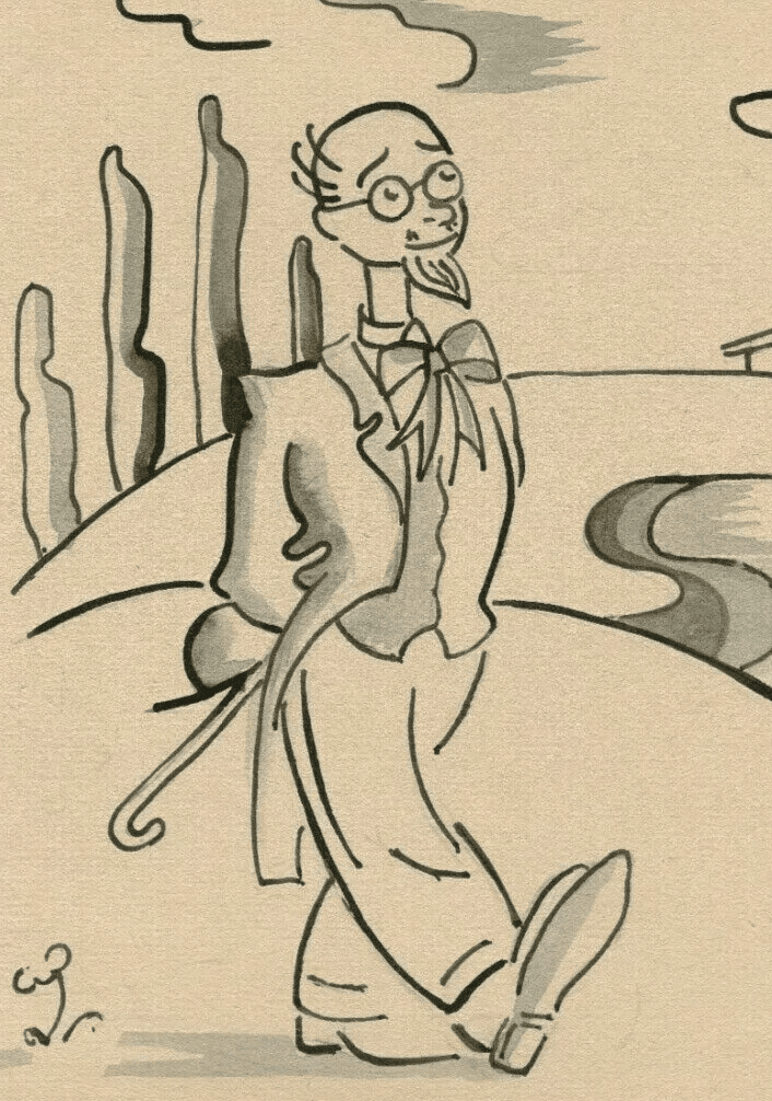 Vintage Ink Original Drawing Man Portrait walking with a Cane Artwork