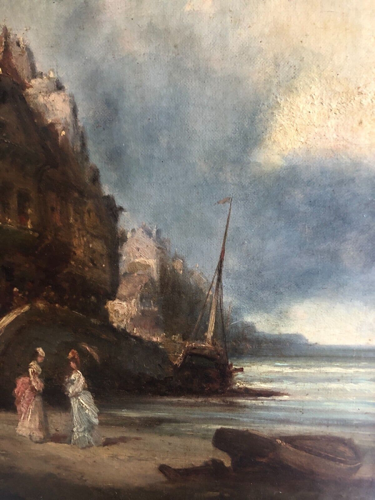 Antique Original Painting signed City Landscape Maritime People, Seascape image 5