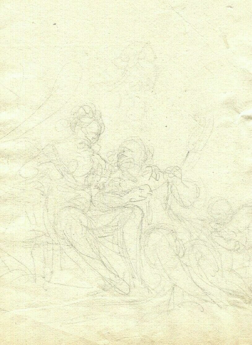Antique Pencil Drawing 19th century Scene de Genre with Figures Artwork image 1