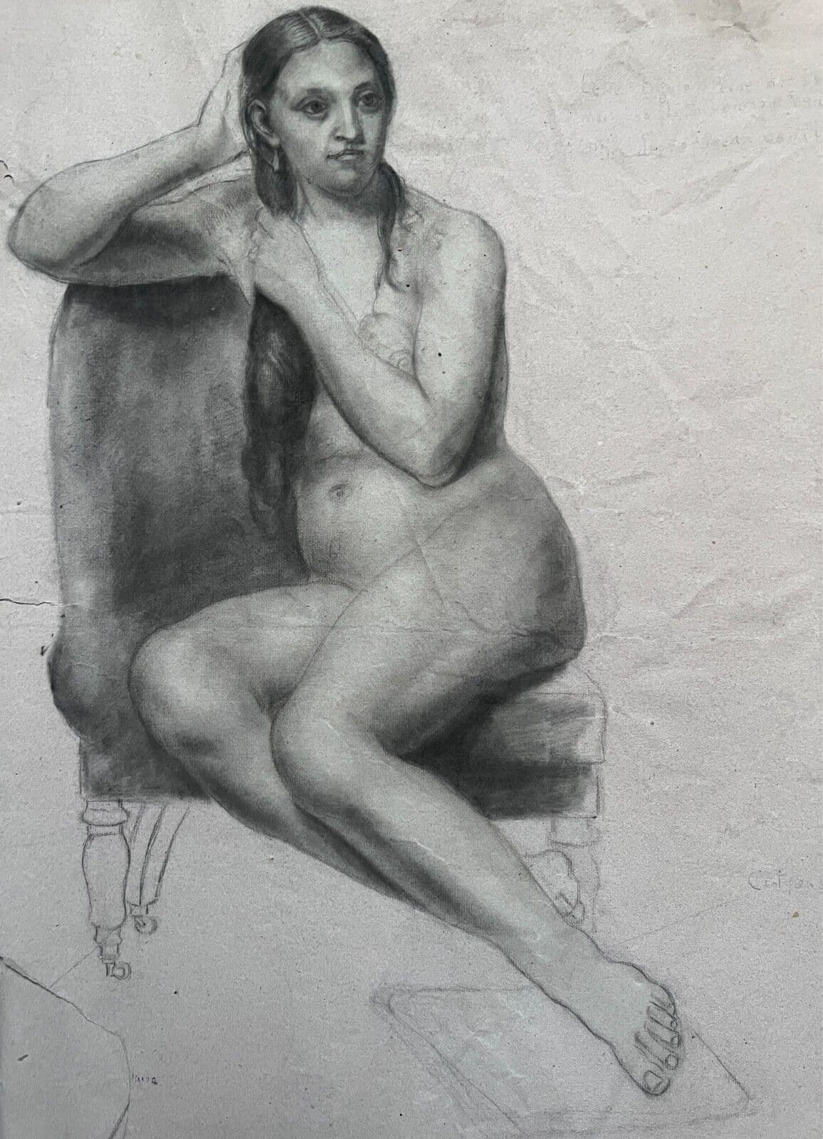 Antique Drawing Charcoal Nude Woman Portrait 19th century c 1860 image 1