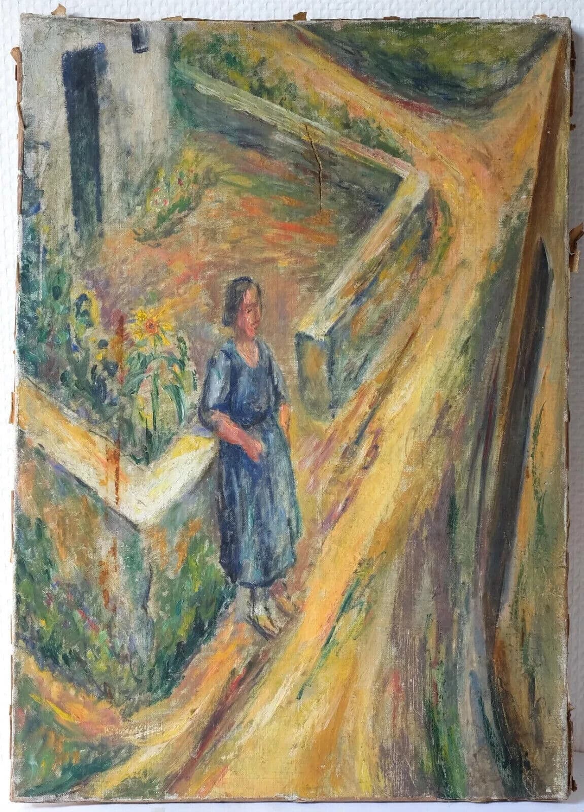 Antique Painting Woman Portrait Sunflower in Landscape, Modern Oil On Canvas image 2