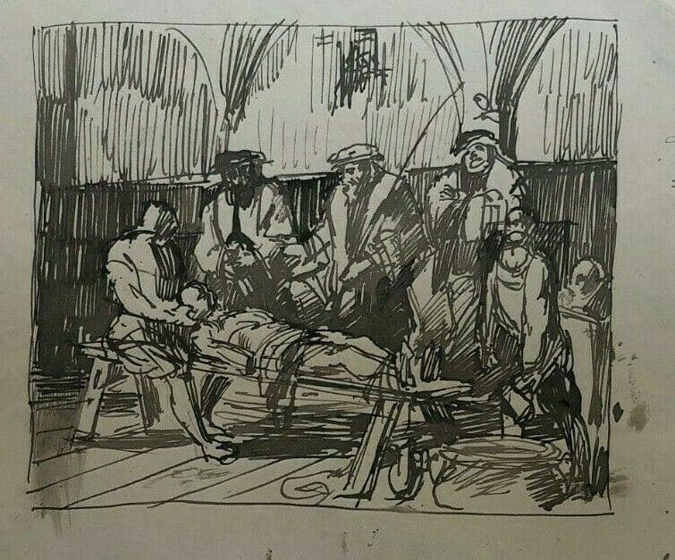 Antique Ink Drawing Original Consulat Men, Dead Body image 1