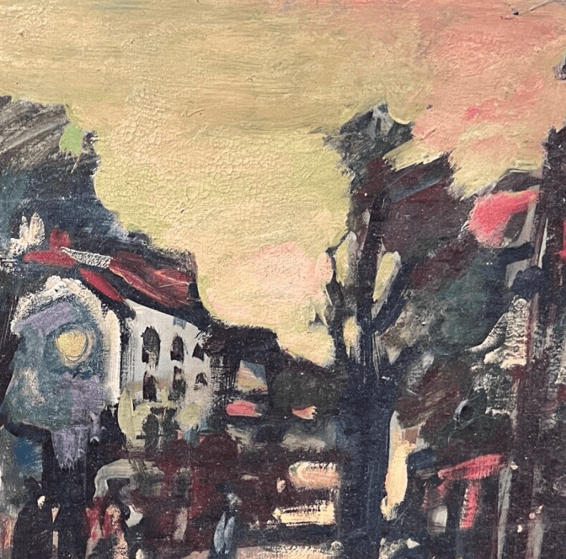 Antique Painting Original Landscape, Cityview, People signed image 4
