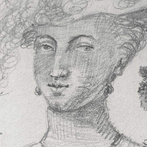 Antique Original Drawing Woman Portrait with Hat, Trees 19th century image 2