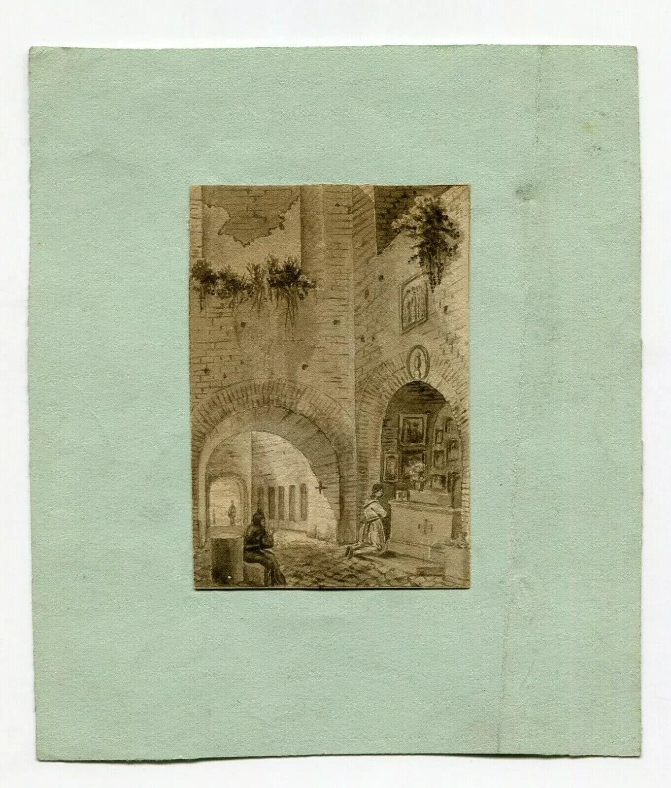 Antique Ink Drawing Religious 19th - Old Masters - Figures Praying in a Church image 7