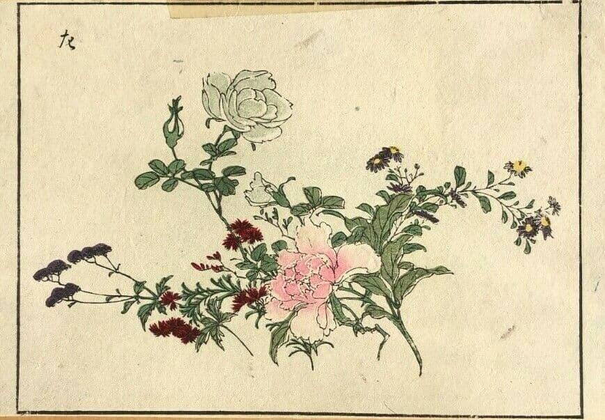 Japanese Antique Print - Flowers, Geese, Animal c. 1830 Asian Art image 1
