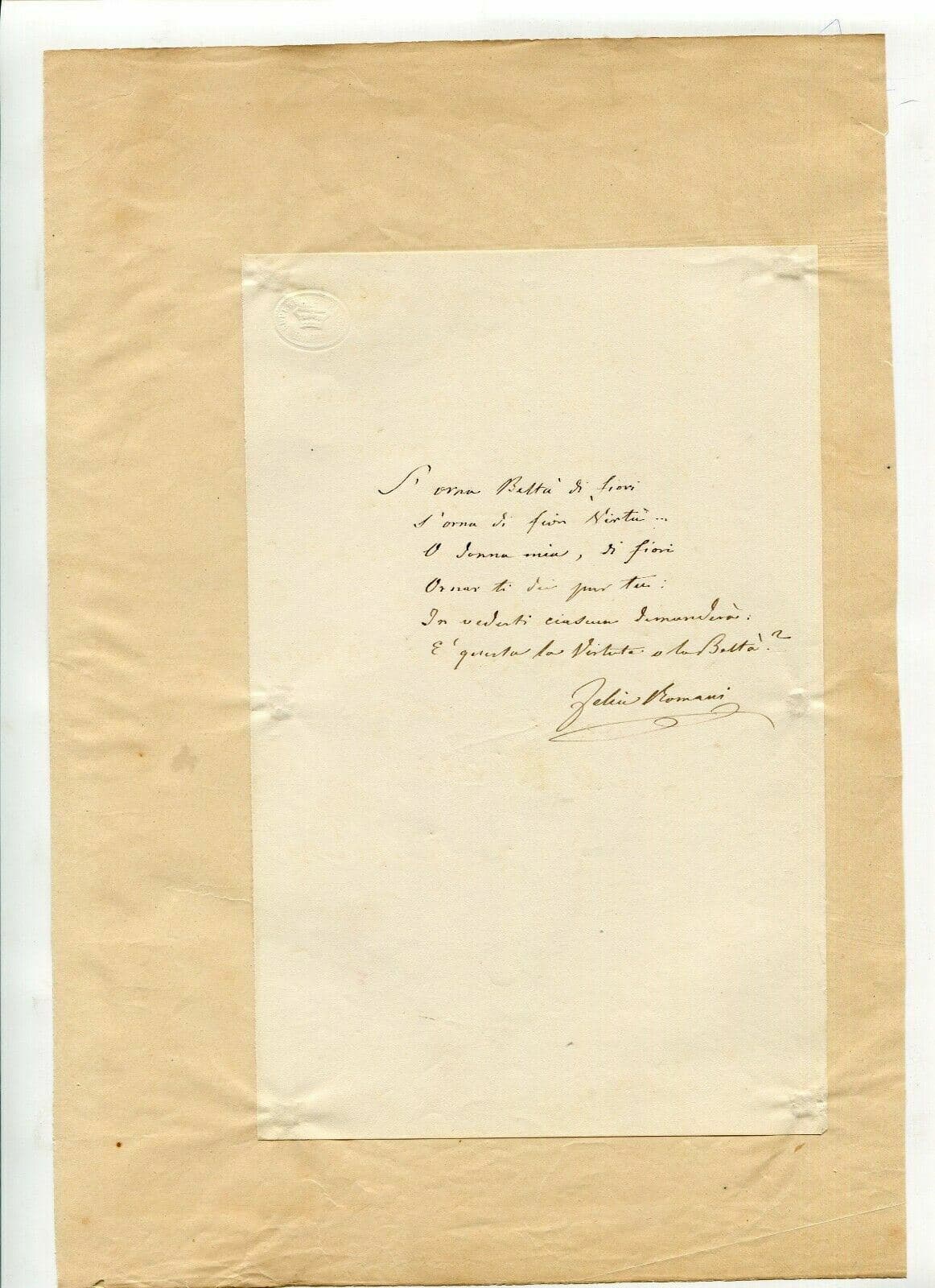 Antique Original Document Love Letter Original Felice Romani (1788-1865) image 2