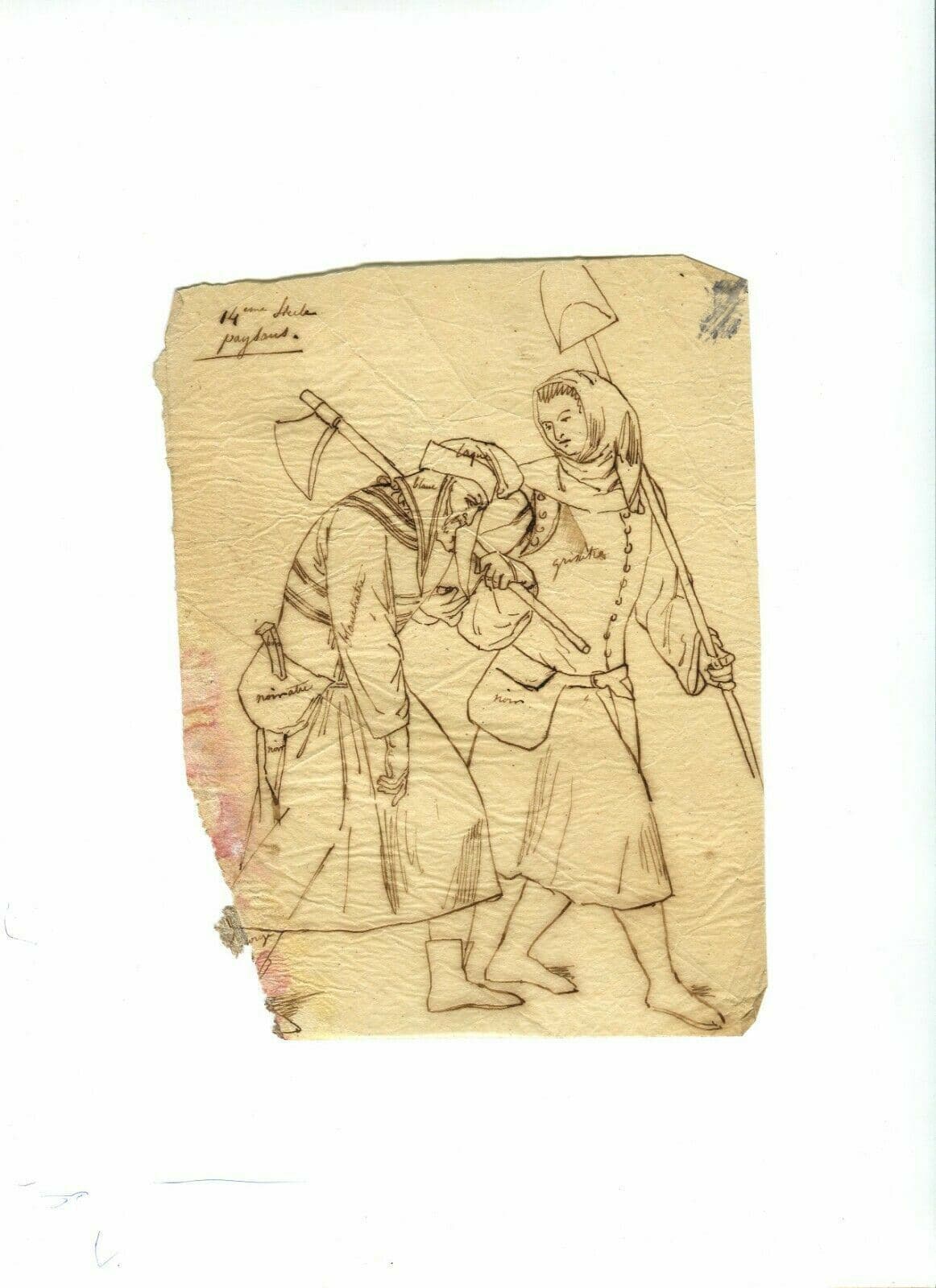 Antique Ink Old Drawing 19th century Peasant People, Figures Artwork image 2