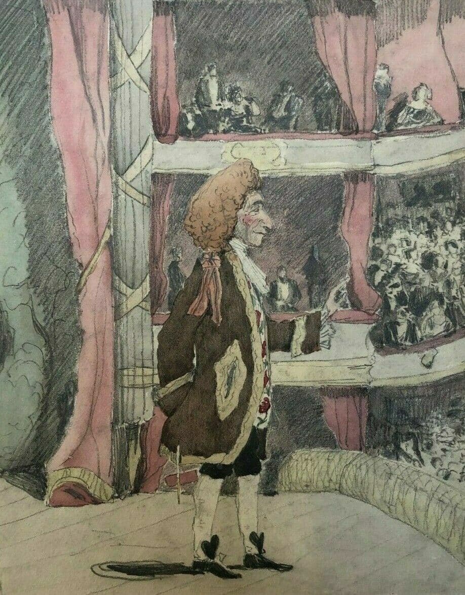 Vintage Drawing Original Opera Singer, Man in a Theater Artwork
