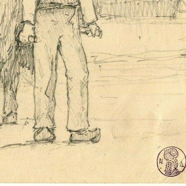 Vintage Pencil Drawing 19th century Maritime Figures and Boat, Dikeos Collection image 2