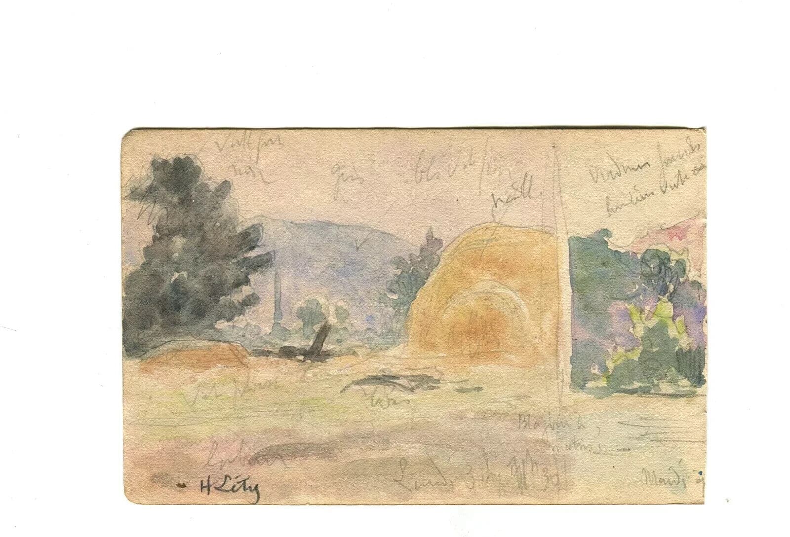 Vintage Drawing Landscape, Fields and Tree Original Signed Artwork image 6