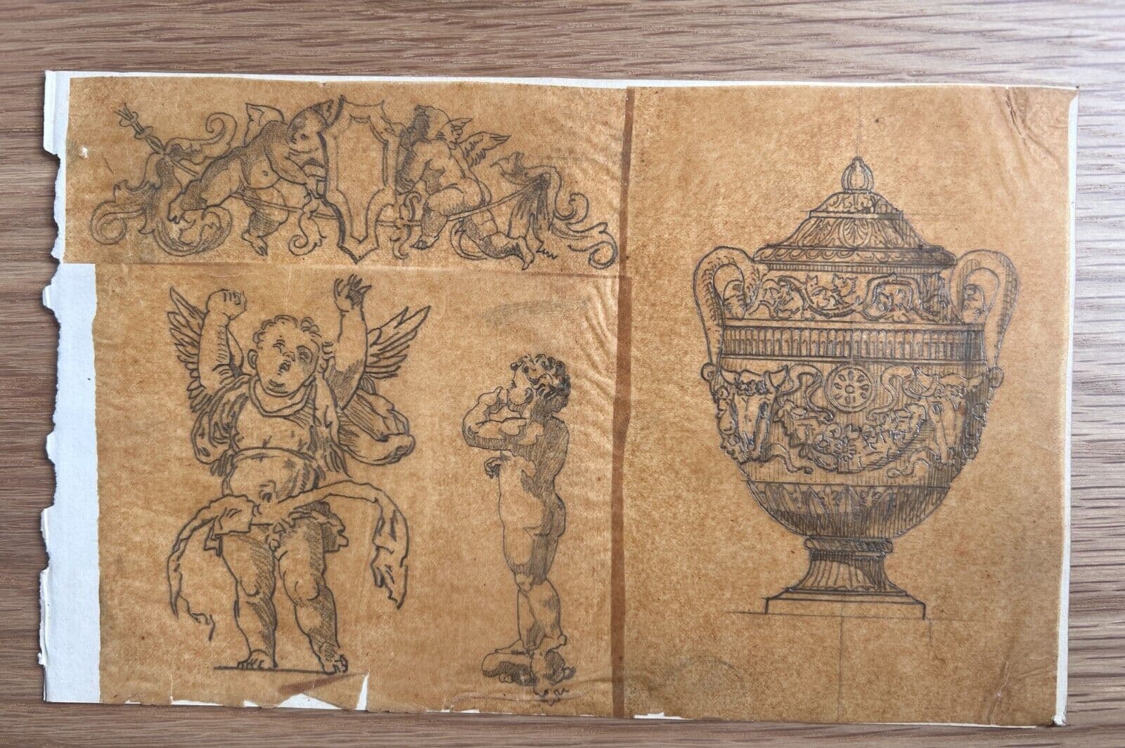 Antique Original Drawing Putti, Angels Portrait, Vase, Architecture 19th century image 6