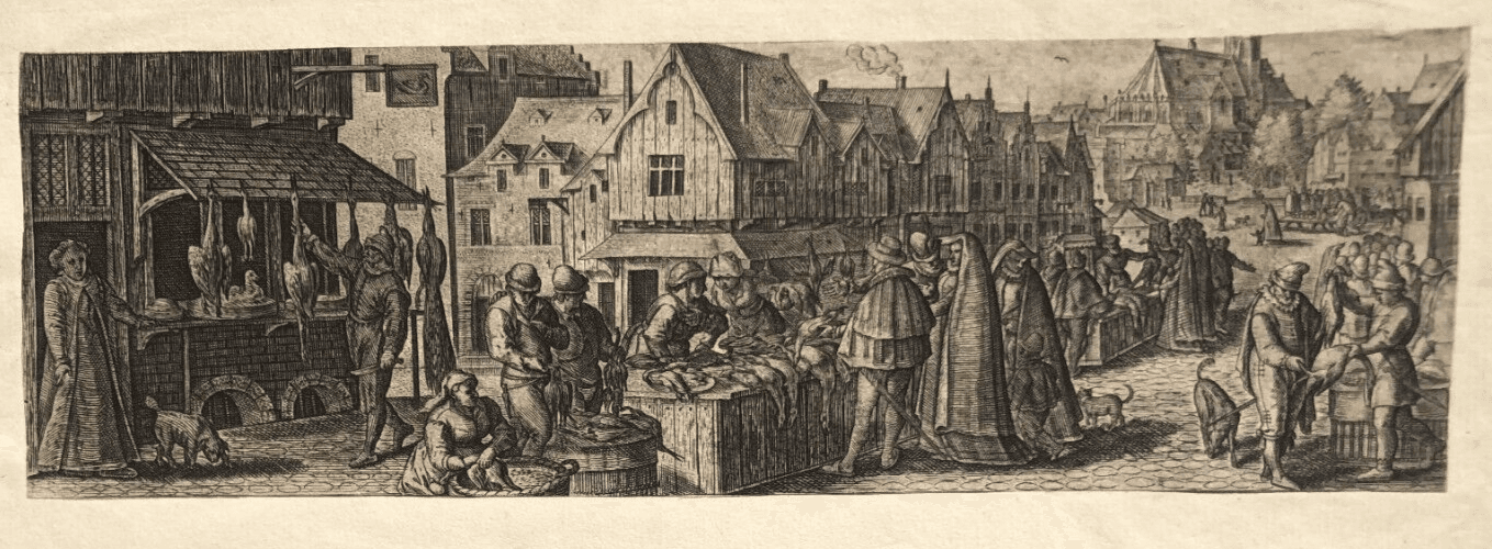Antique Etching Original 17th century People, Market, Cityview image 2