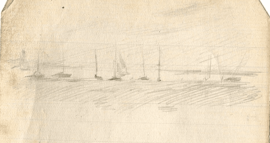 Vintage Pencil Original Drawing Maritime Landscape, Boats, Seascape image 3