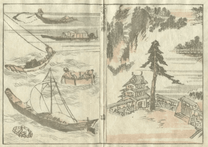Antique Japanese WoodPrint Boat, Temple and Fir c. 1890 Asian Art Print Ukiyo-e image 5