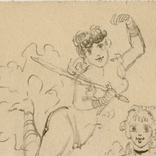 Antique Drawing Pencil Original Women, Angels, Music, Sketch image 3
