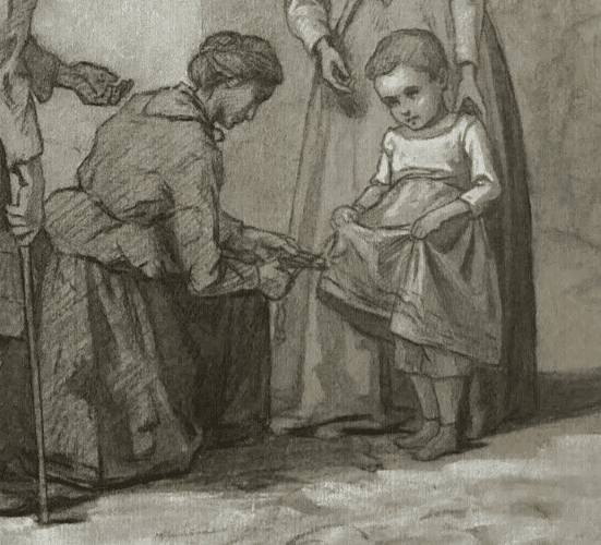 Antique Original Pencil Drawing 19th century Ink Figures, Children, Baby Artwork image 2