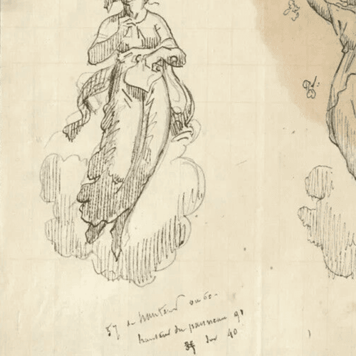 Antique Ink Drawing 19th century Two Sculpture Women, Goddess Artwork image 4
