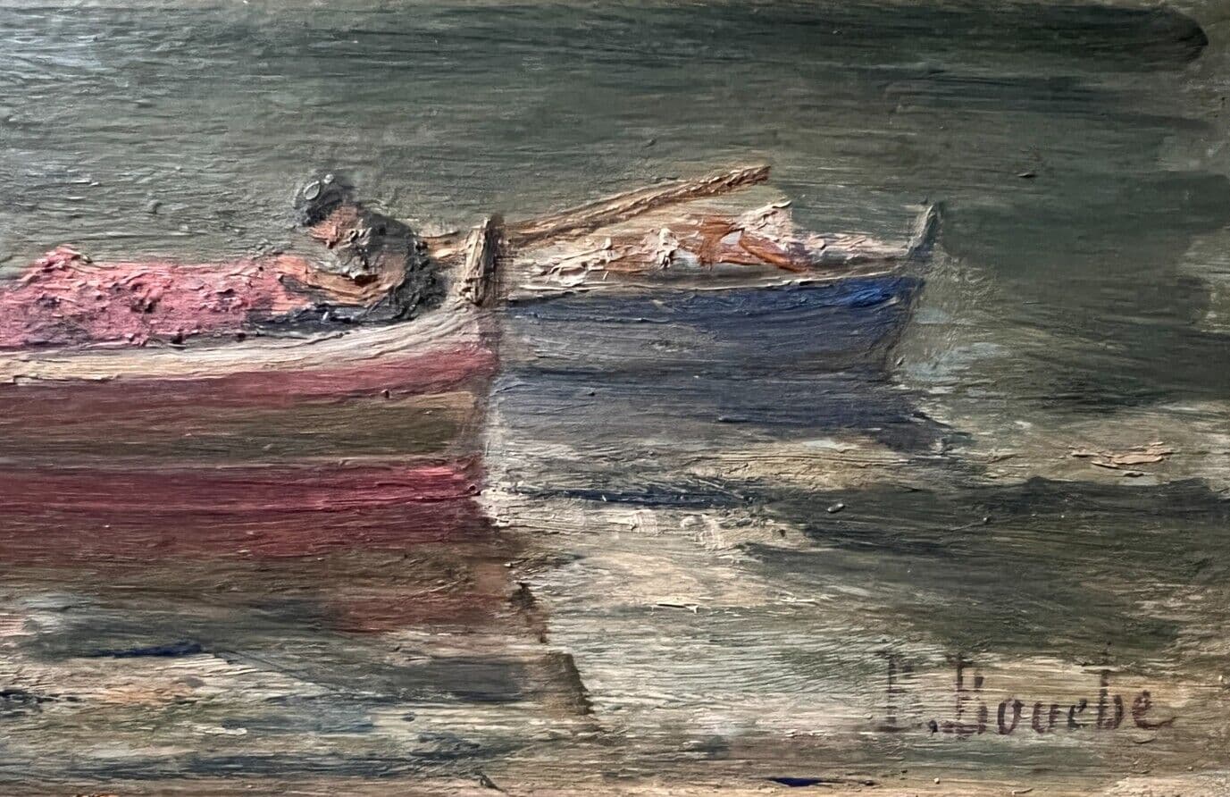 Antique Original Painting signed Eugene BOUCHE Seaview, Boat, People image 5
