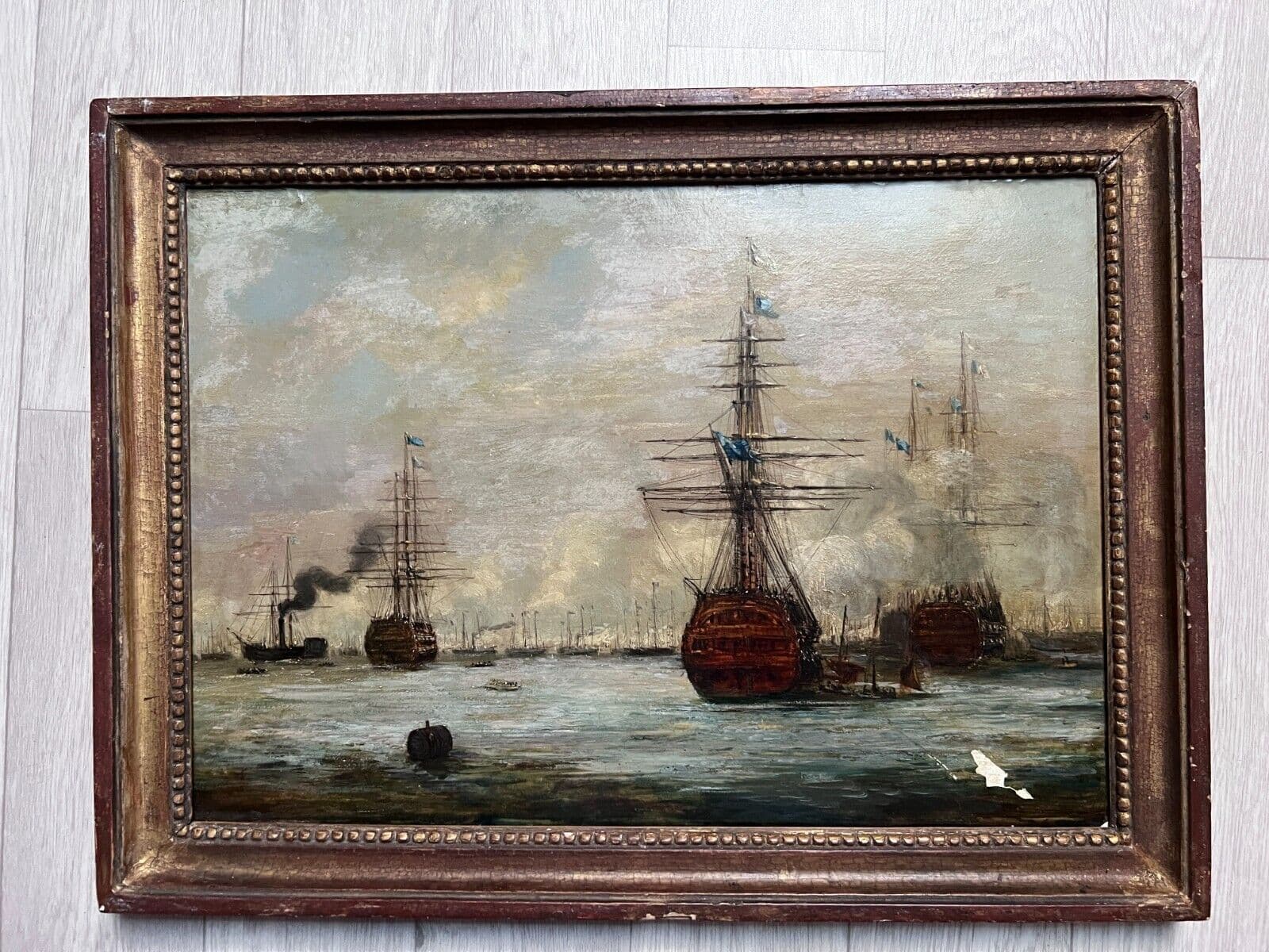 Antique Painting Original Flemish 19th Maritime Landscape Boats at Sea image 4