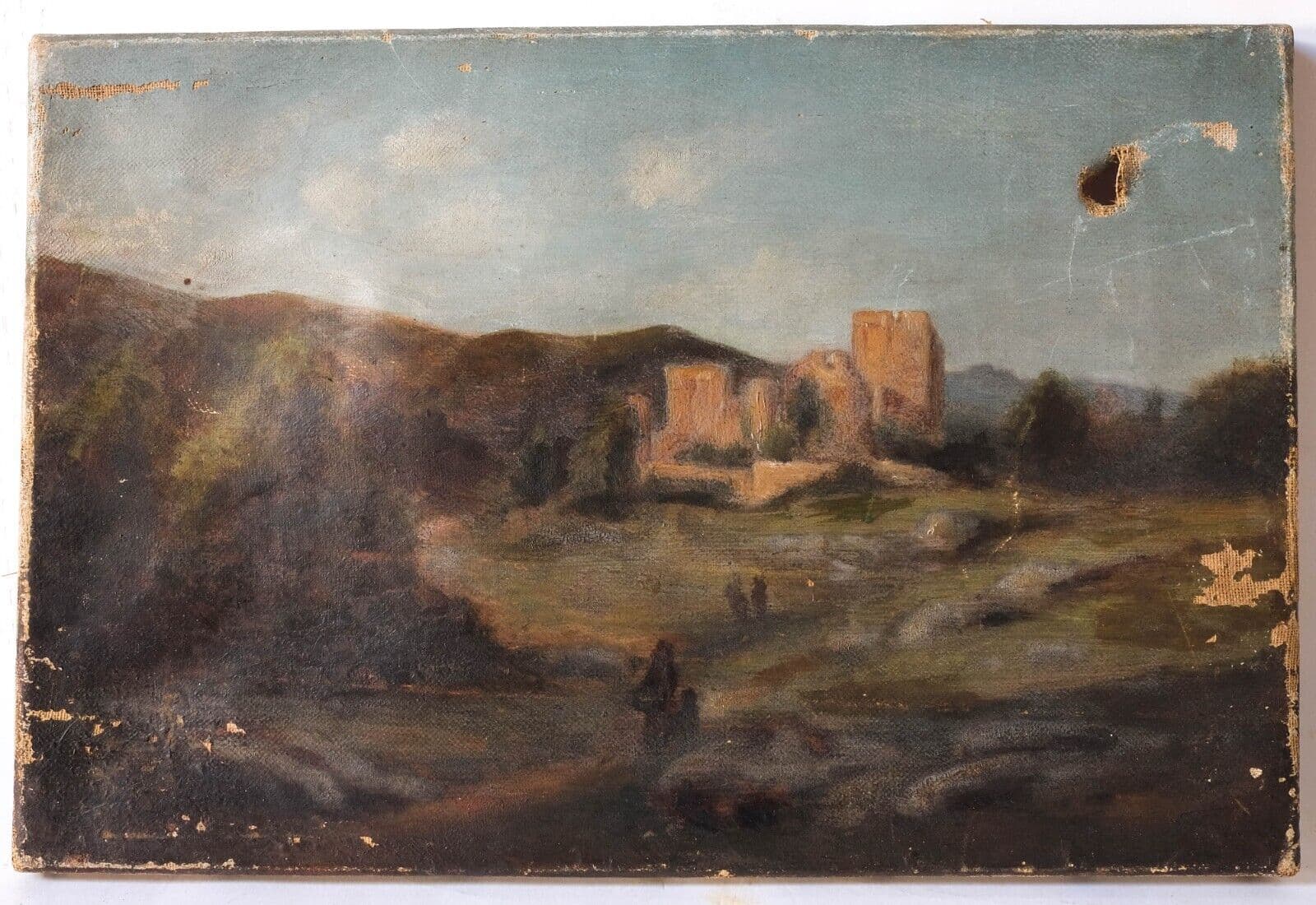 Antique Original Painting Landscape with Ruins, Castle 19th century People image 7