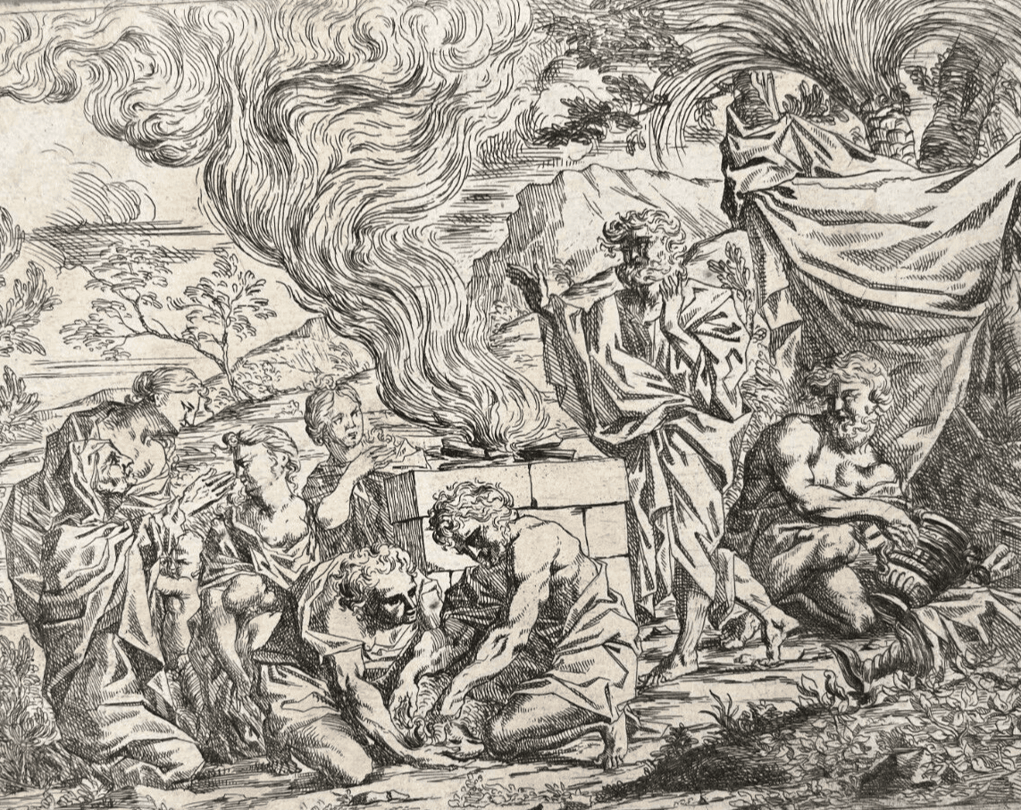Antique Etching Original Religious, Bible, Fire, People, Moise
