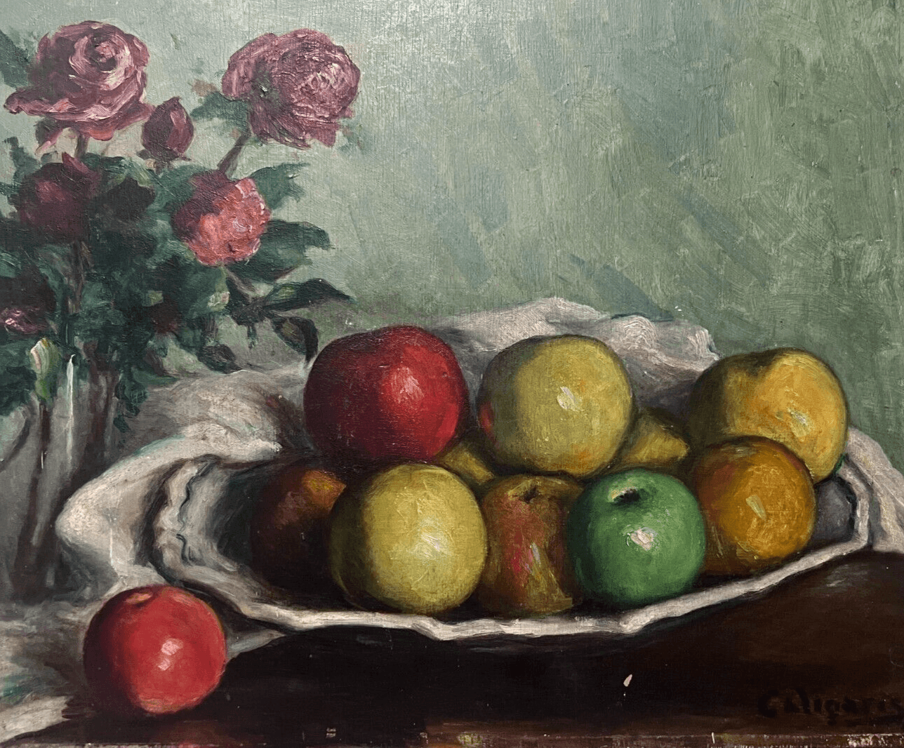 Antique Oil Old Original Painting Apples and Flowers Bouquet, Still Life
