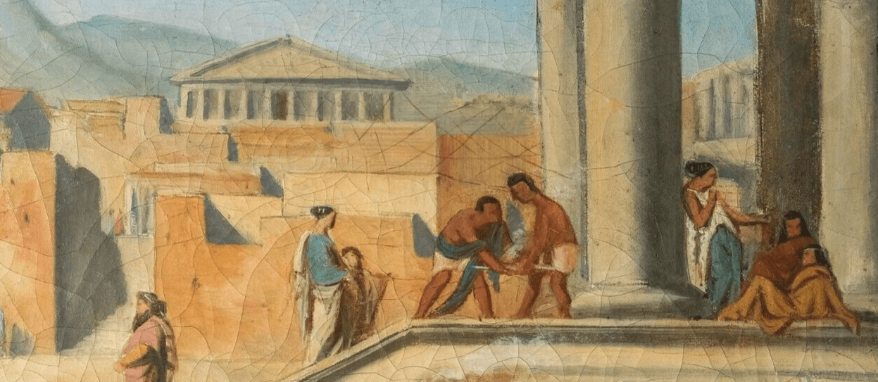 Antique Painting Original Old 19th century Banquet Scene in Athens, People image 7