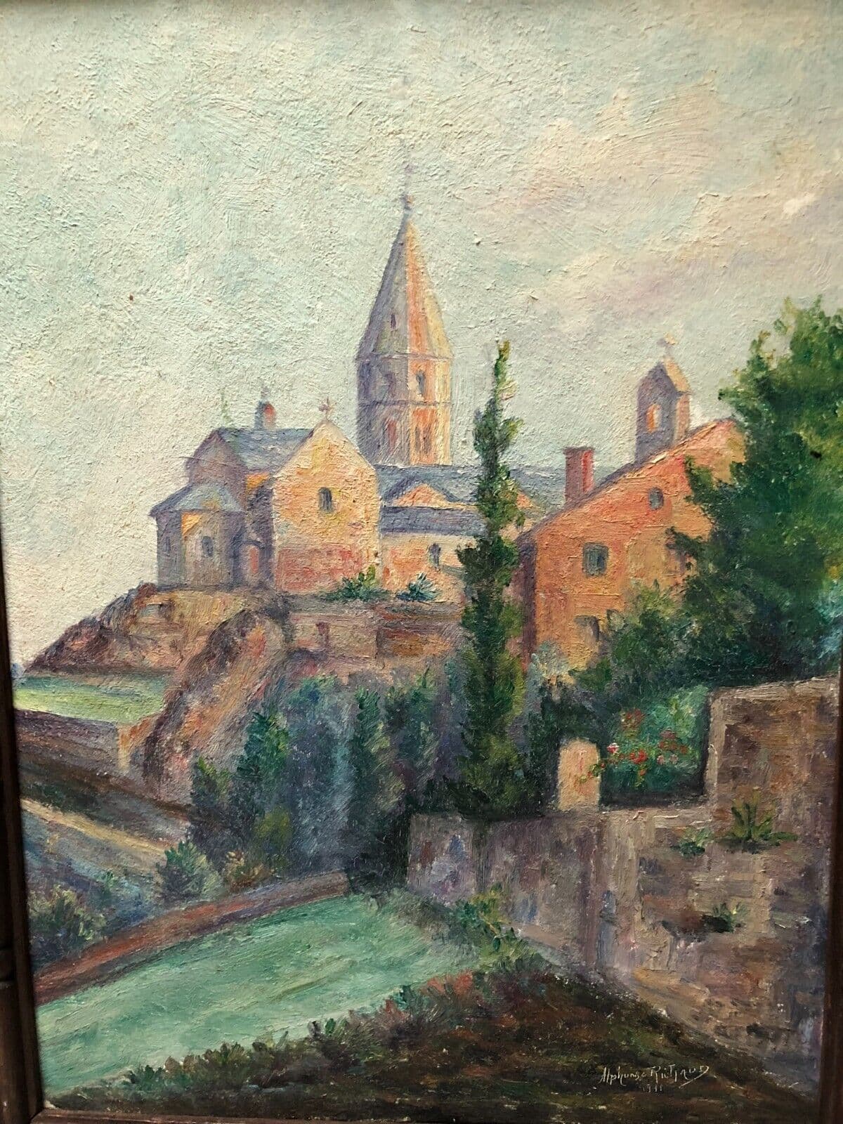 Antique Oil Original Painting City Town Landscape, Village