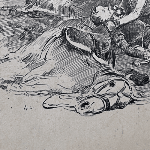 Antique Drawing 19th century Original War Military Scene, Death image 3