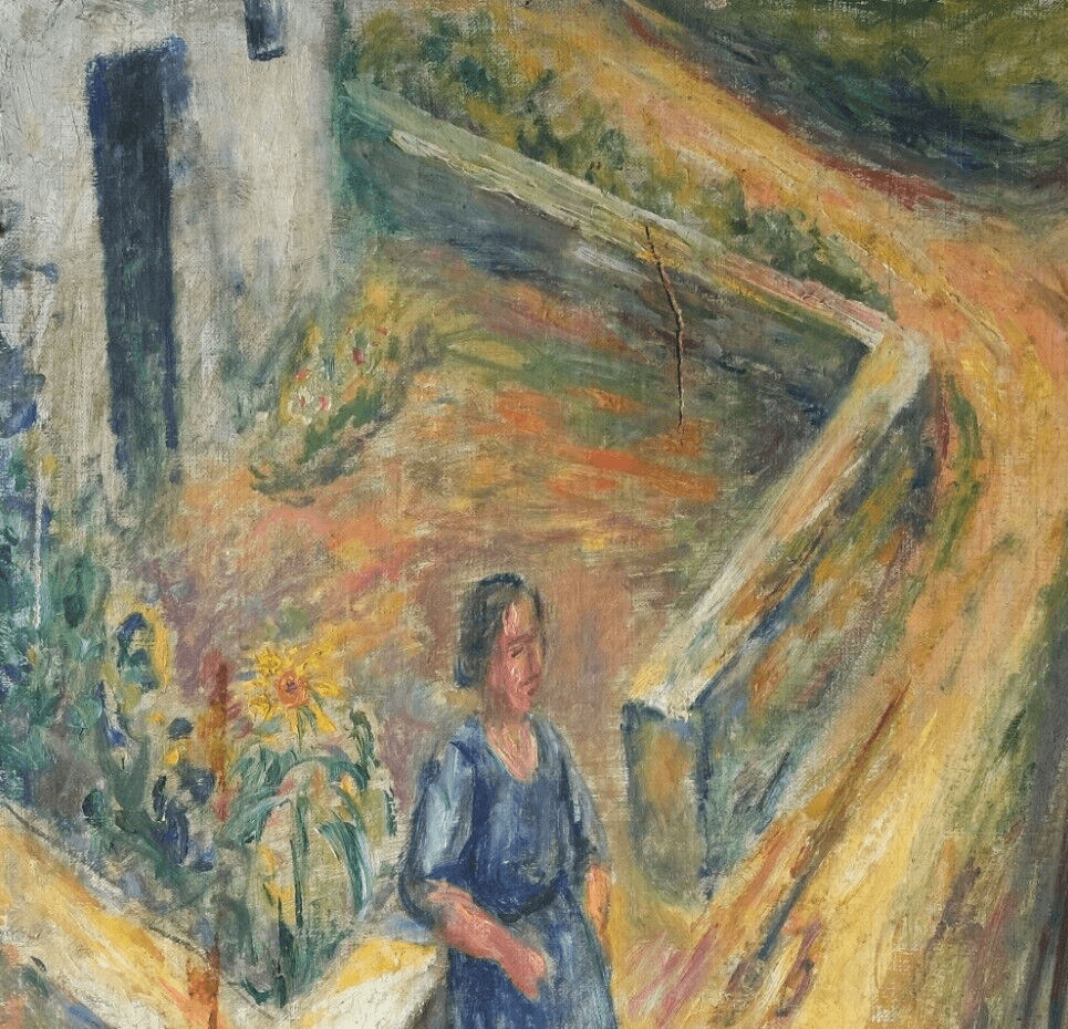 Antique Painting Woman Portrait Sunflower in Landscape, Modern Oil On Canvas image 4