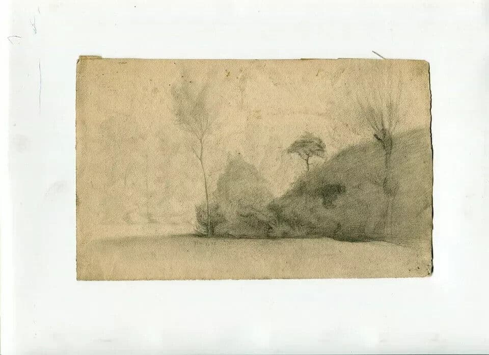 Antique Pencil Drawing Landscape, Forest and Field image 3