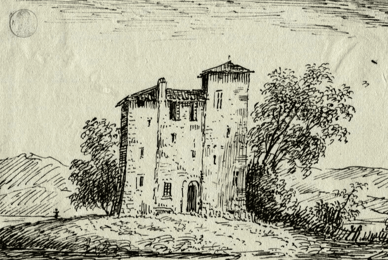 Antique Vintage Drawing Ink 19th century Castle, Landscape, Dikeos Collection