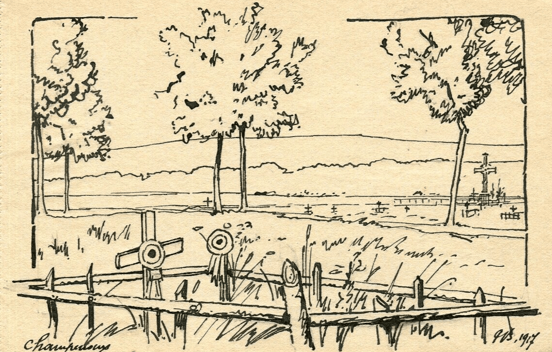Vintage Ink Original Drawing Champenoux Cemetery Landscape Artwork image 1