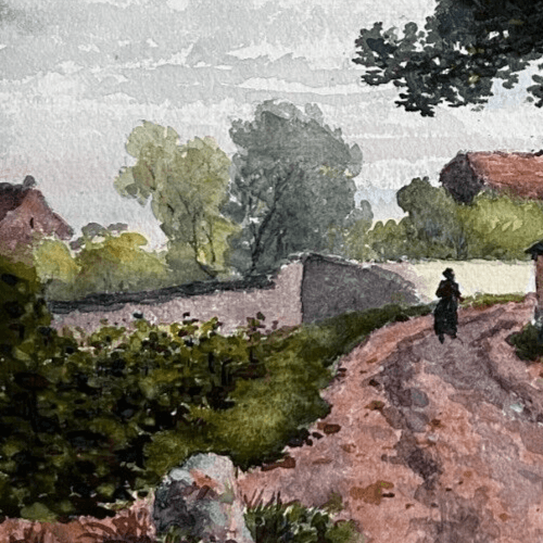 Antique Drawing Original Landscape, Cityview and People image 3