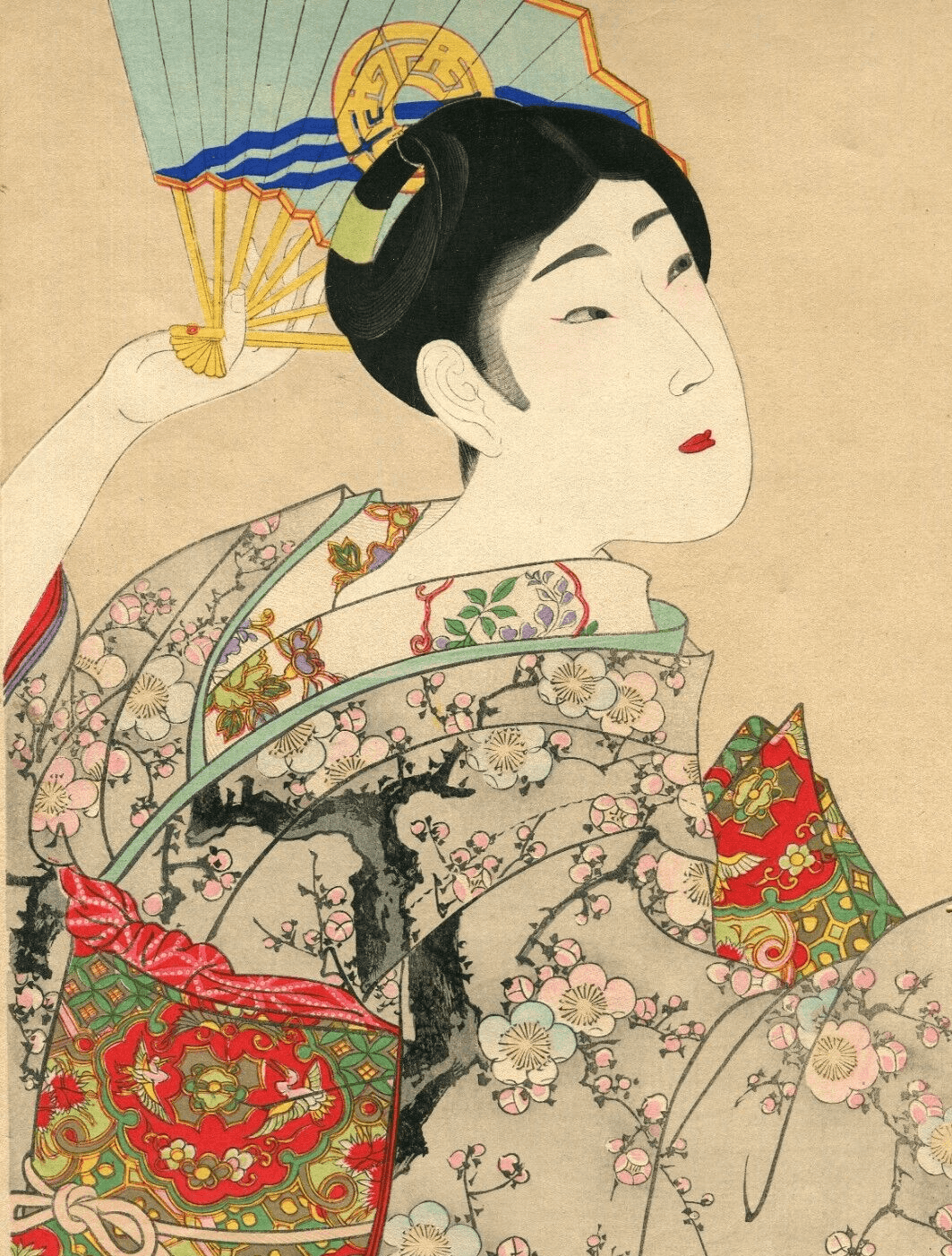 Antique Japanese Woodprint of a Geisha Woman Portait, Fan Asian Art Print Ukiyo