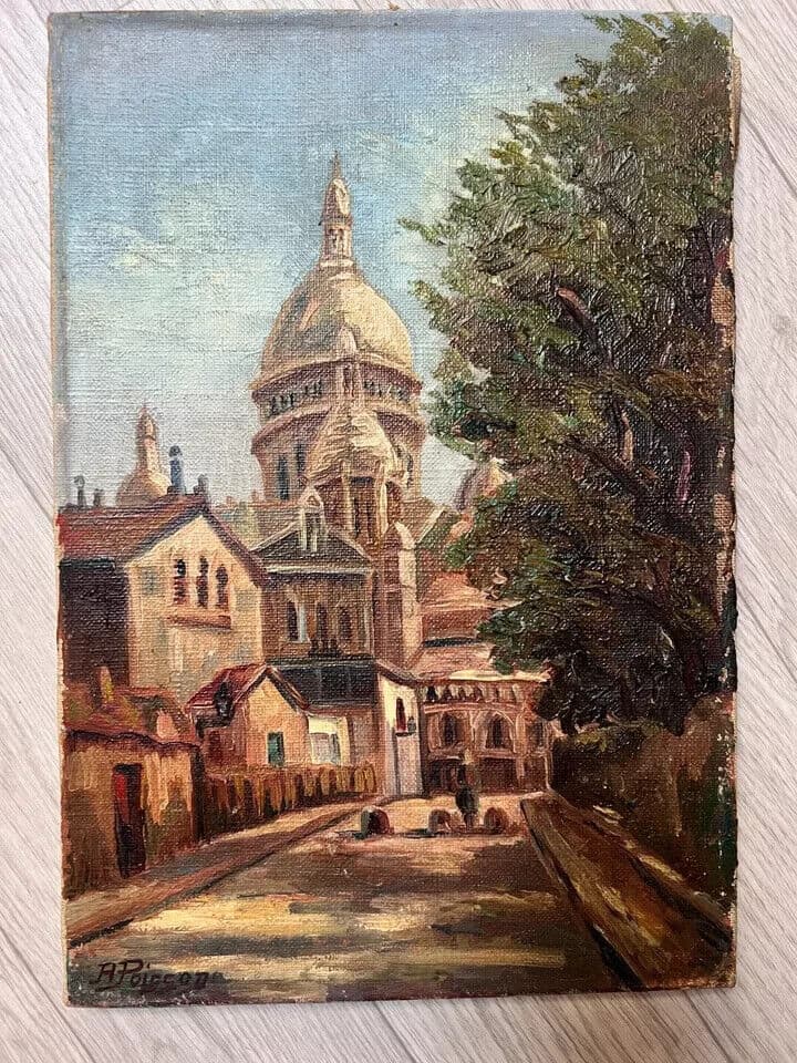 Vintage Oil Painting Cityview, Church by A. POISSON (XX) image 6