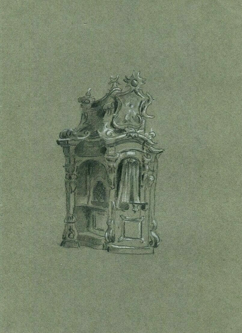 Antique Pencil Original Drawing Confessional Church of Friborg 1888 image 1