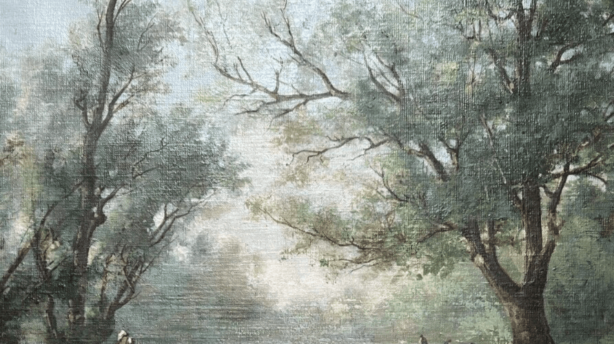 Antique Original Painting Landscape, Woman, Trees, Lake Jules CAYLA (XIX-XX) image 6