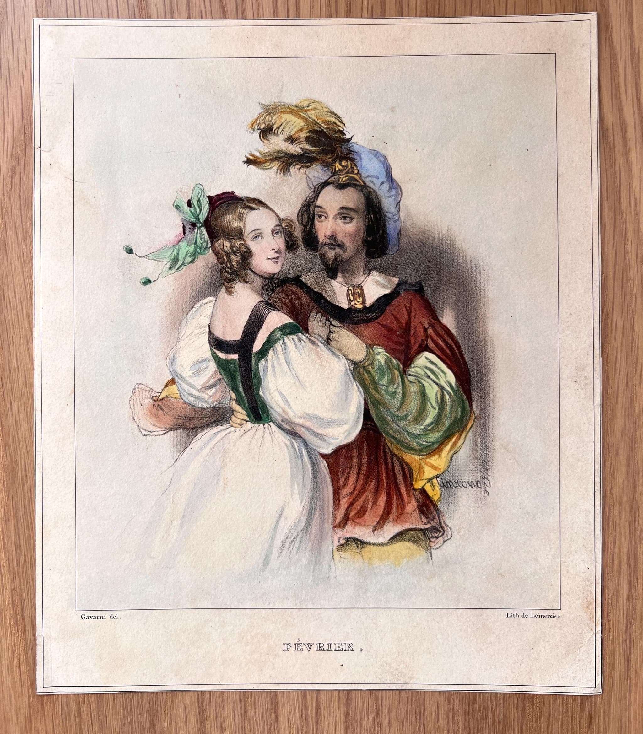 19th-Century Romantic Lithograph: February Lovers Scene image 1