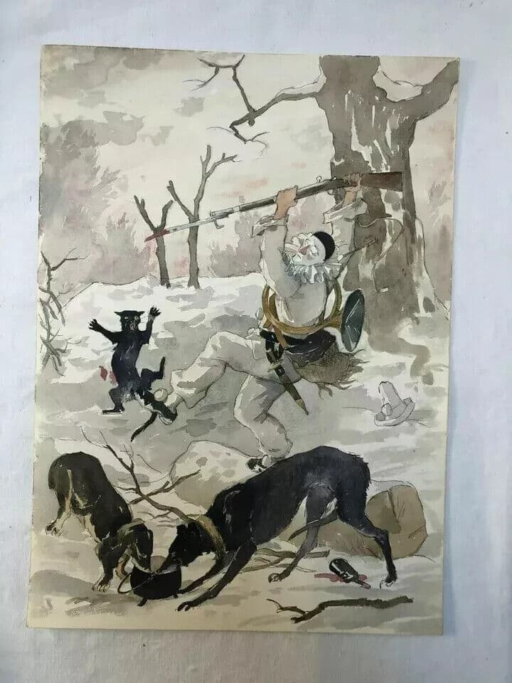 Antique Vintage Original Drawing Harlequin, Dogs, Hunting image 4